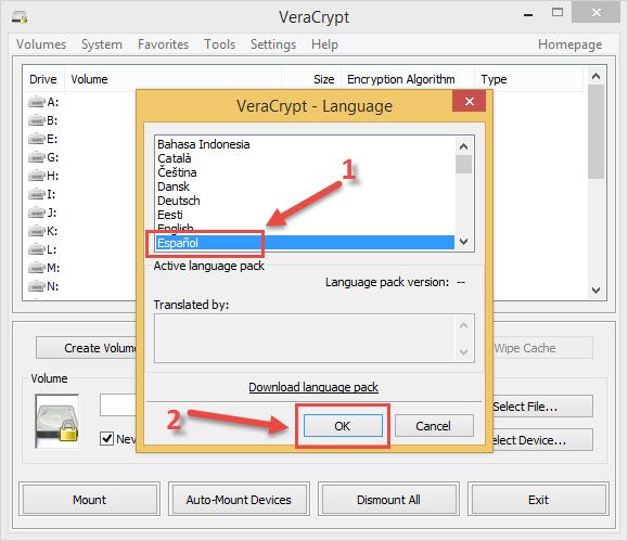 Seleccionar idioma de Veracrypt