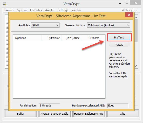 Veracrypt Benchmark testini baslat