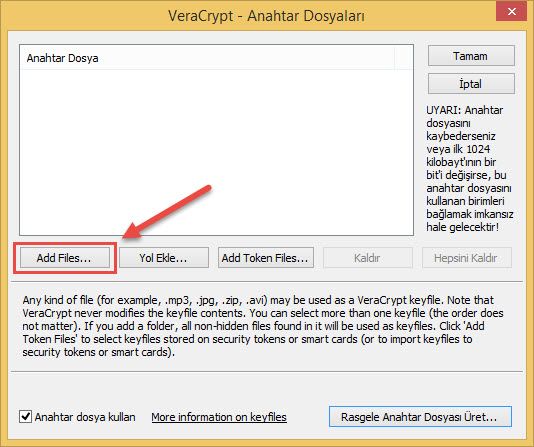 Veracrypt sifre dosyasi ekleme